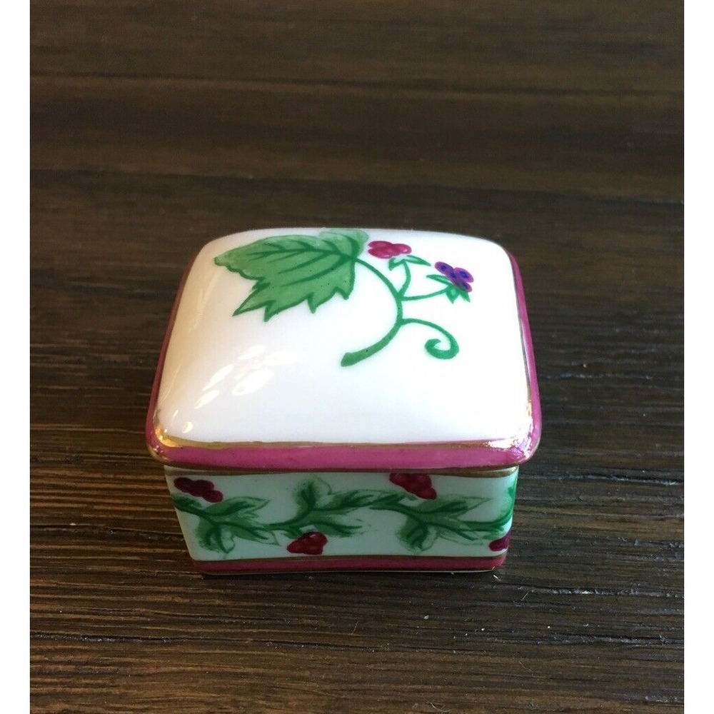 Enesco Square Shaped Trinket Box with Vines And Berries Motif Ceramic